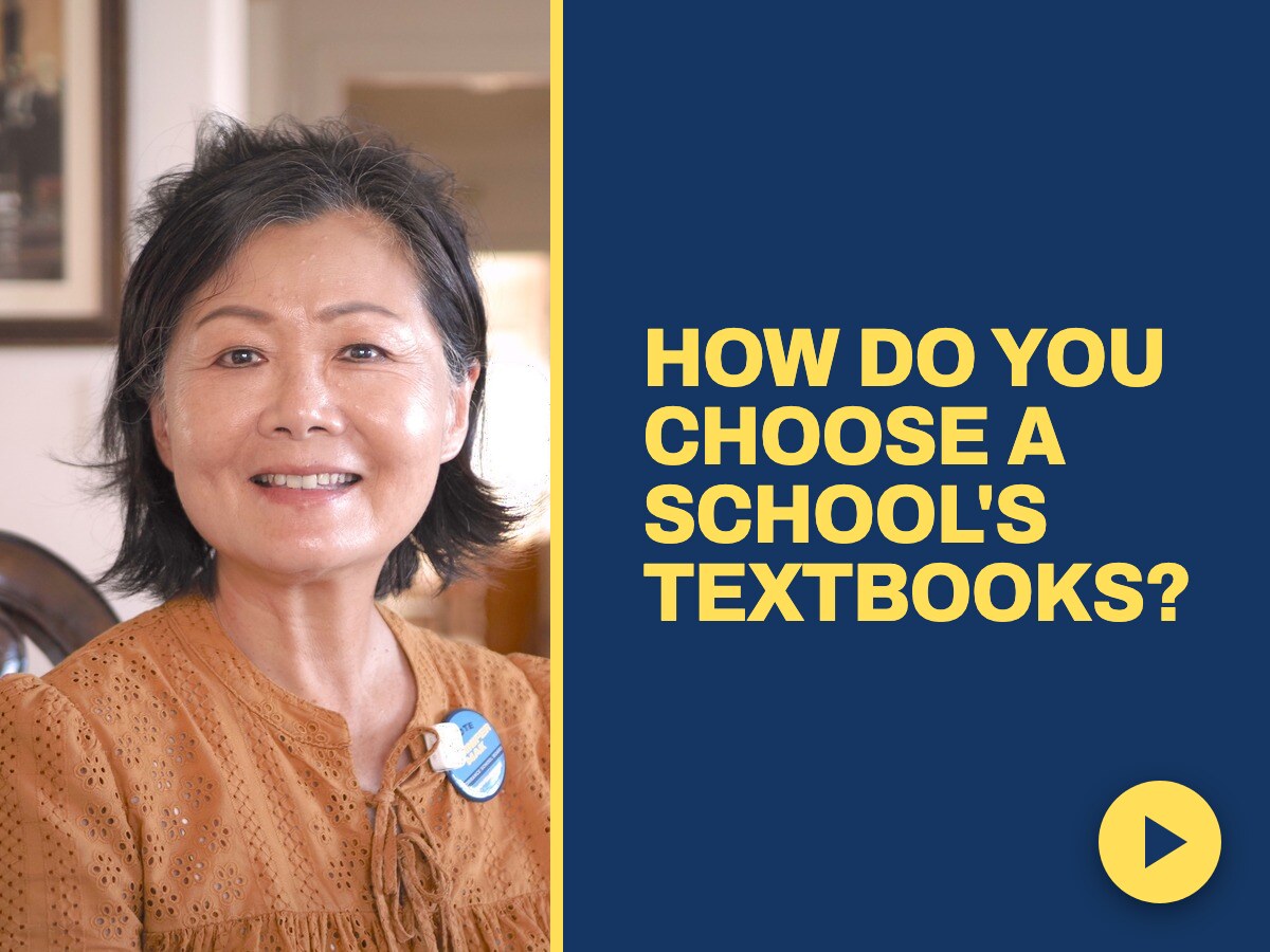Jennifer Mak answering a question about how schools choose textbooks