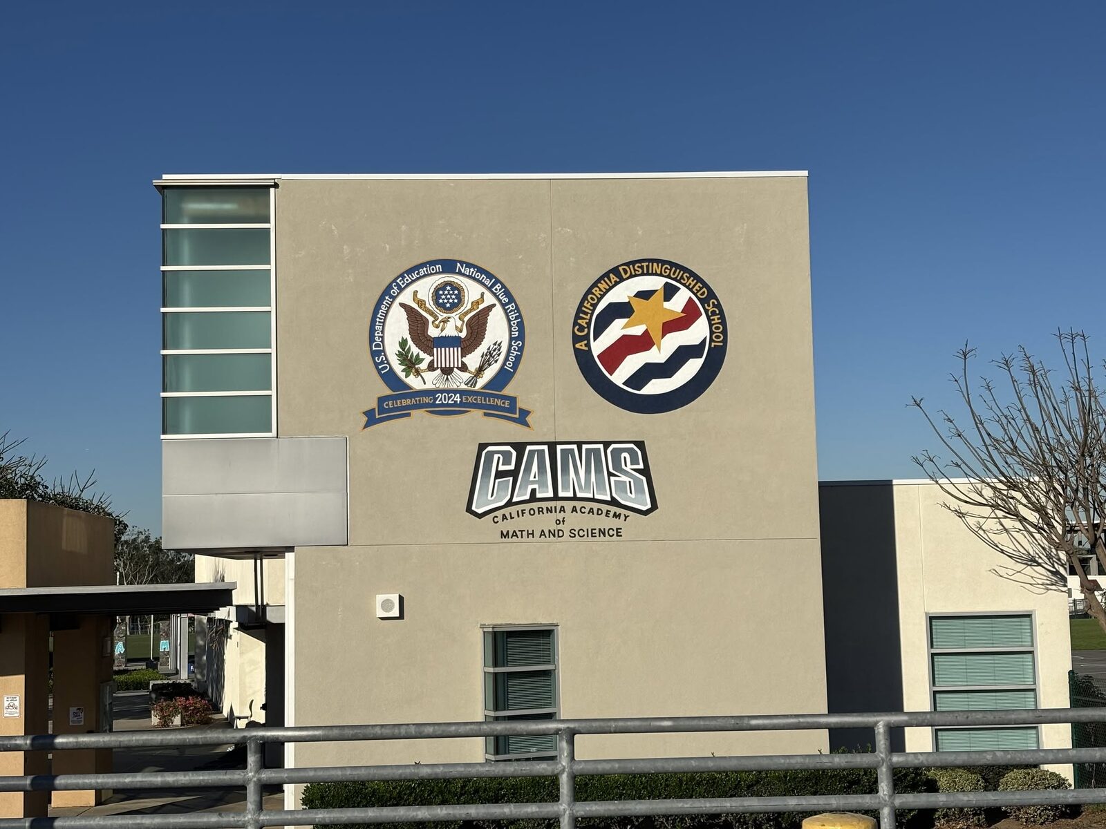 The CAMS building, with its National Blue Ribbon School and California Distinguished School seals
