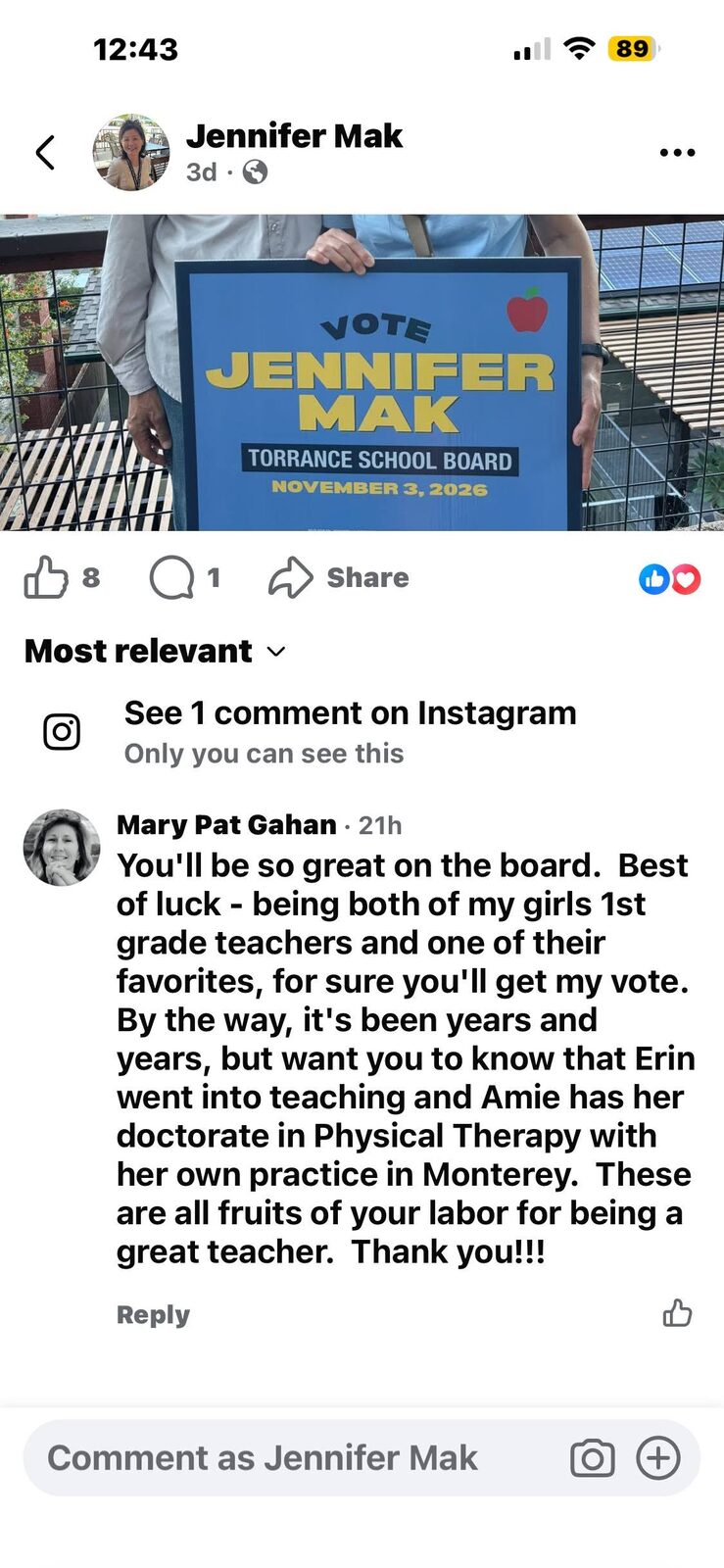 The comment from Ms. Gahan that Jennifer read on social media