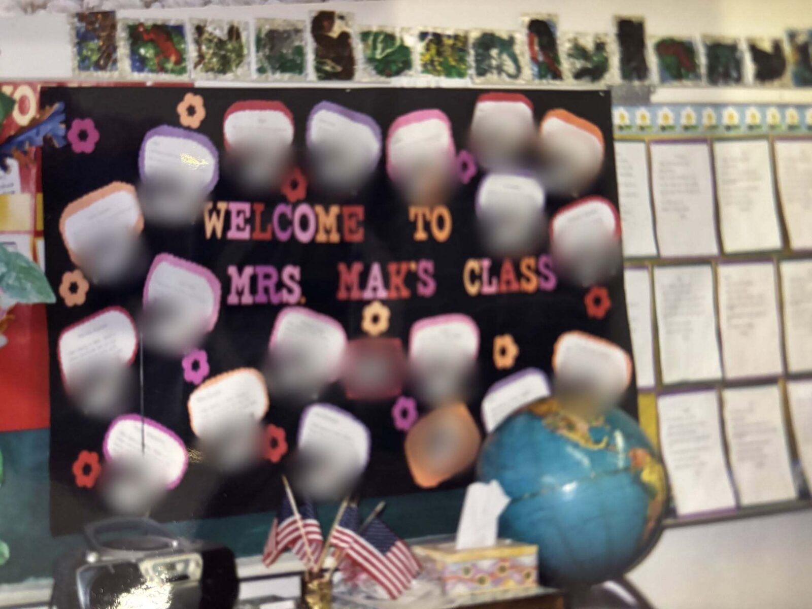 “Welcome to Mrs. Mak’s Class” bulletin board from Jennifer’s classroom (student photos blurred)