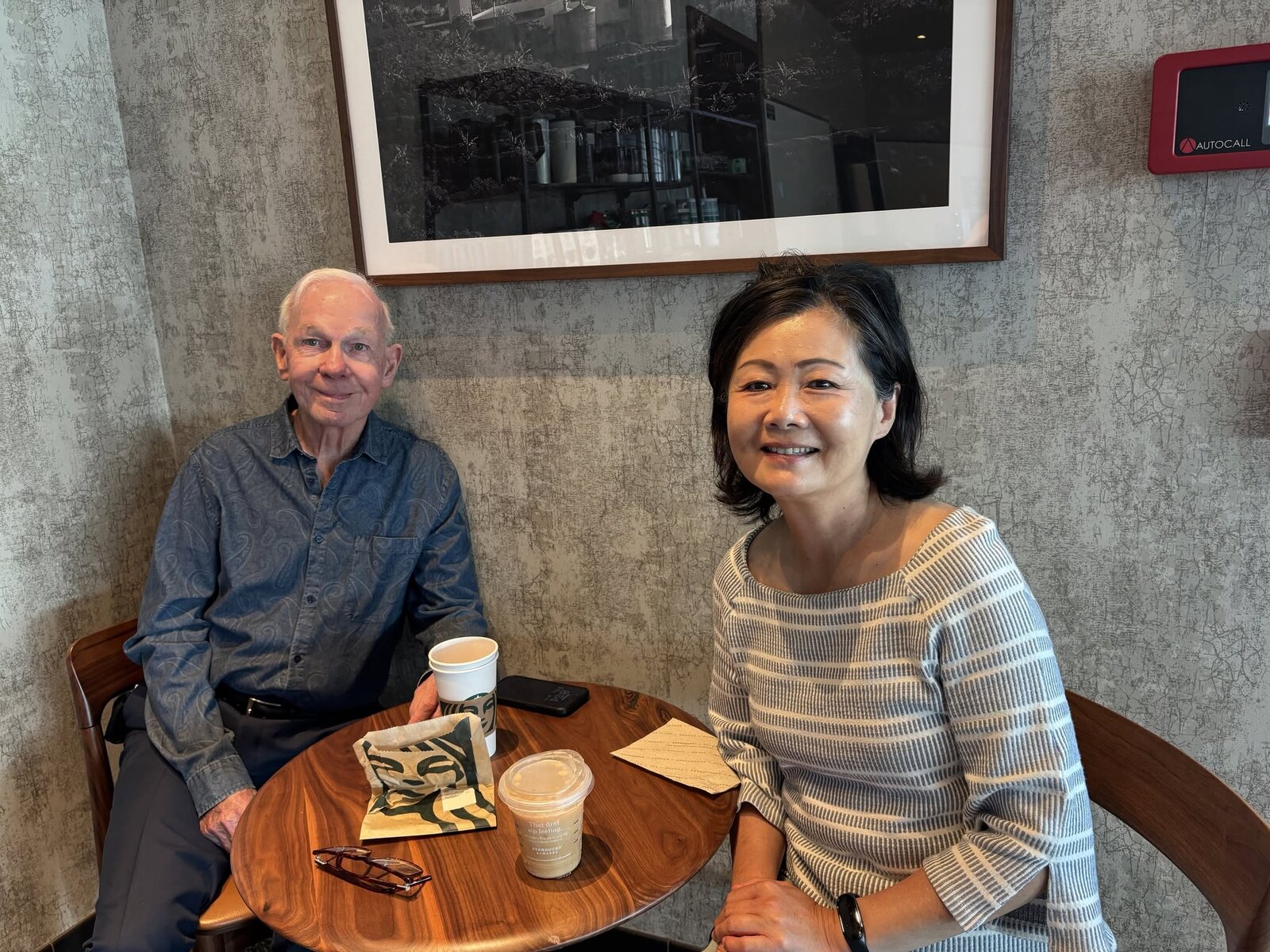Jennifer Mak with Dr. William Blischke over coffee
