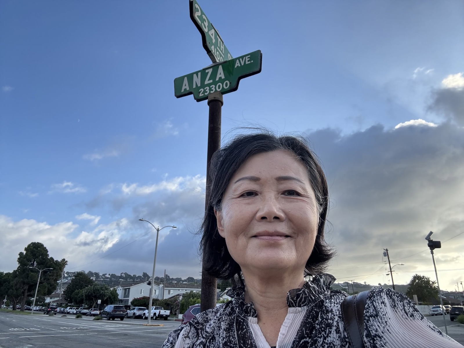 Jennifer Mak canvassing at 234th Street and Anza Avenue