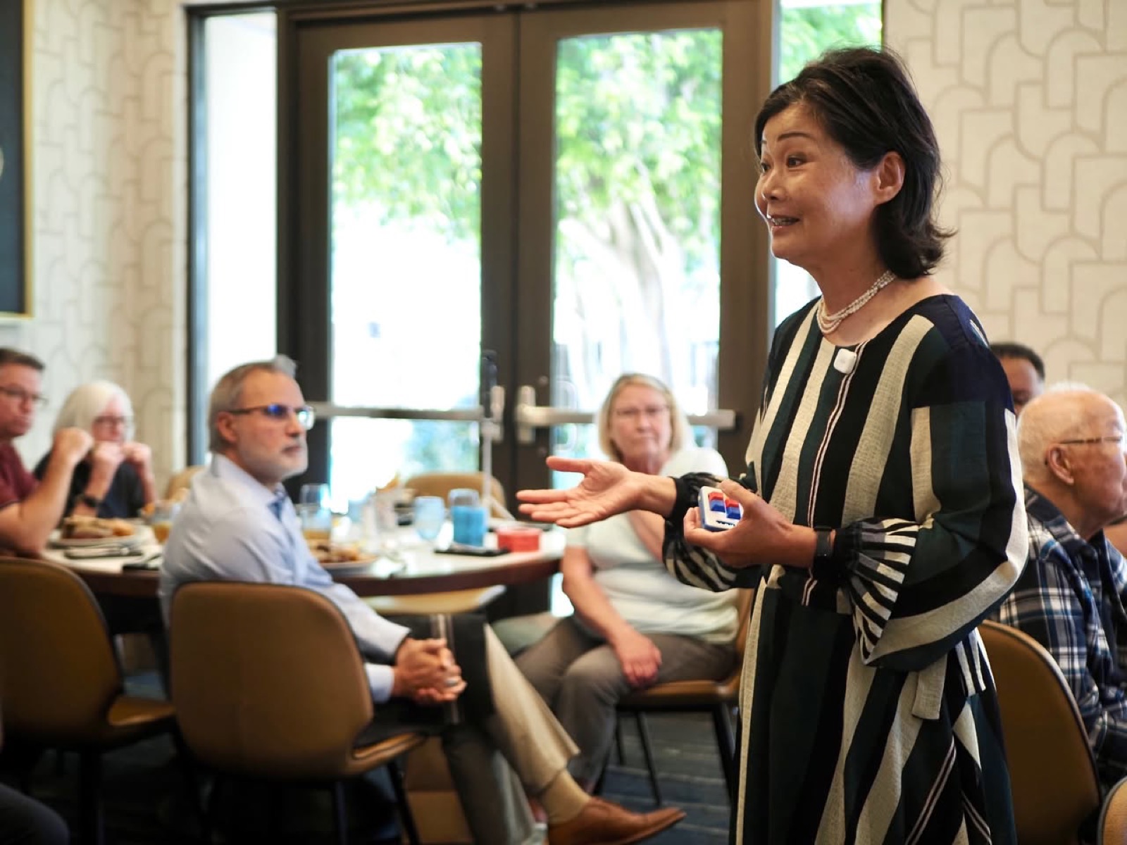 Jennifer Mak speaking to members of the Kiwanis Club of Torrance at their Tuesday meeting