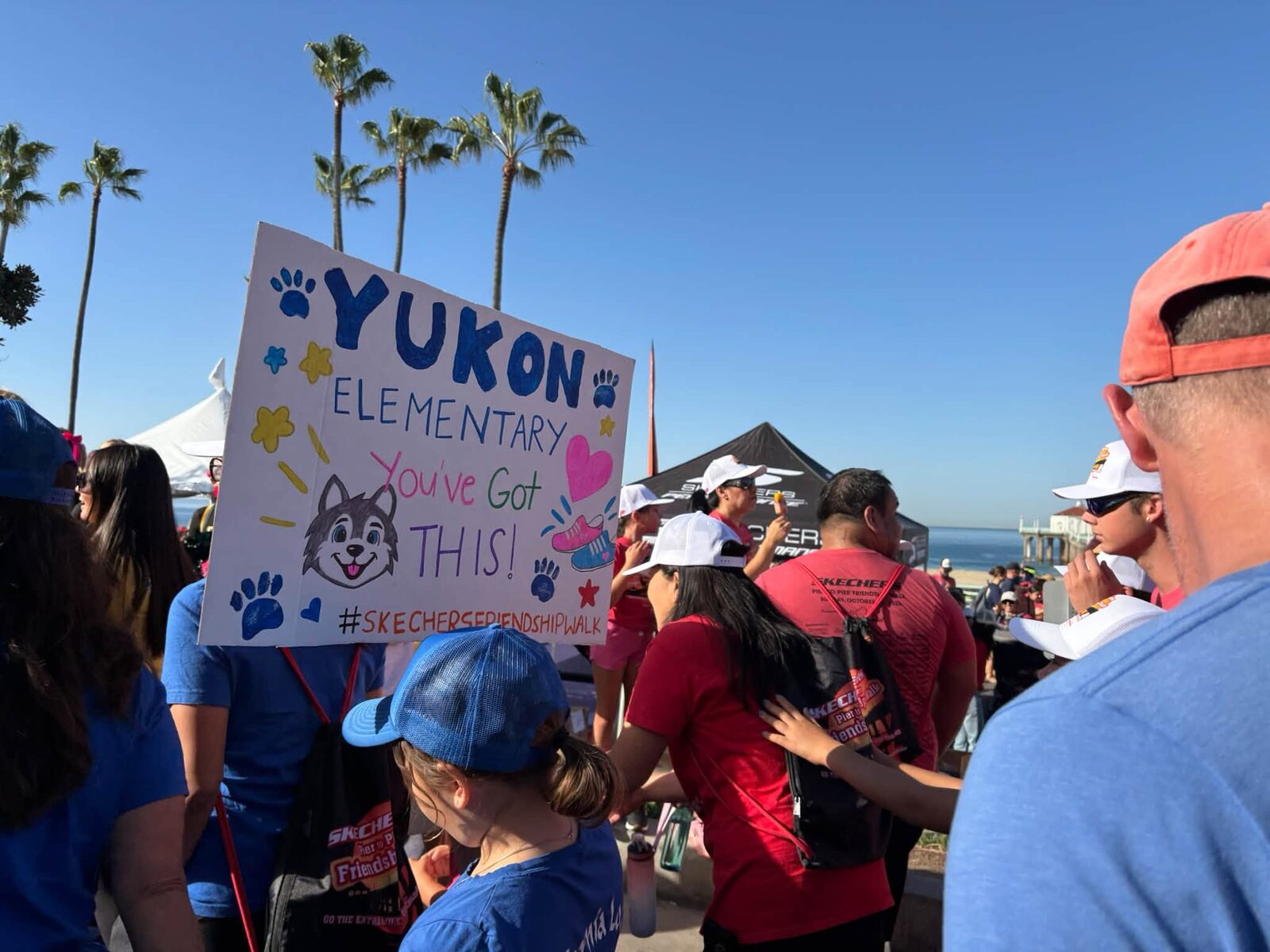A handmade “Yukon Elementary, You’ve Got This!” sign at the Skechers Walk