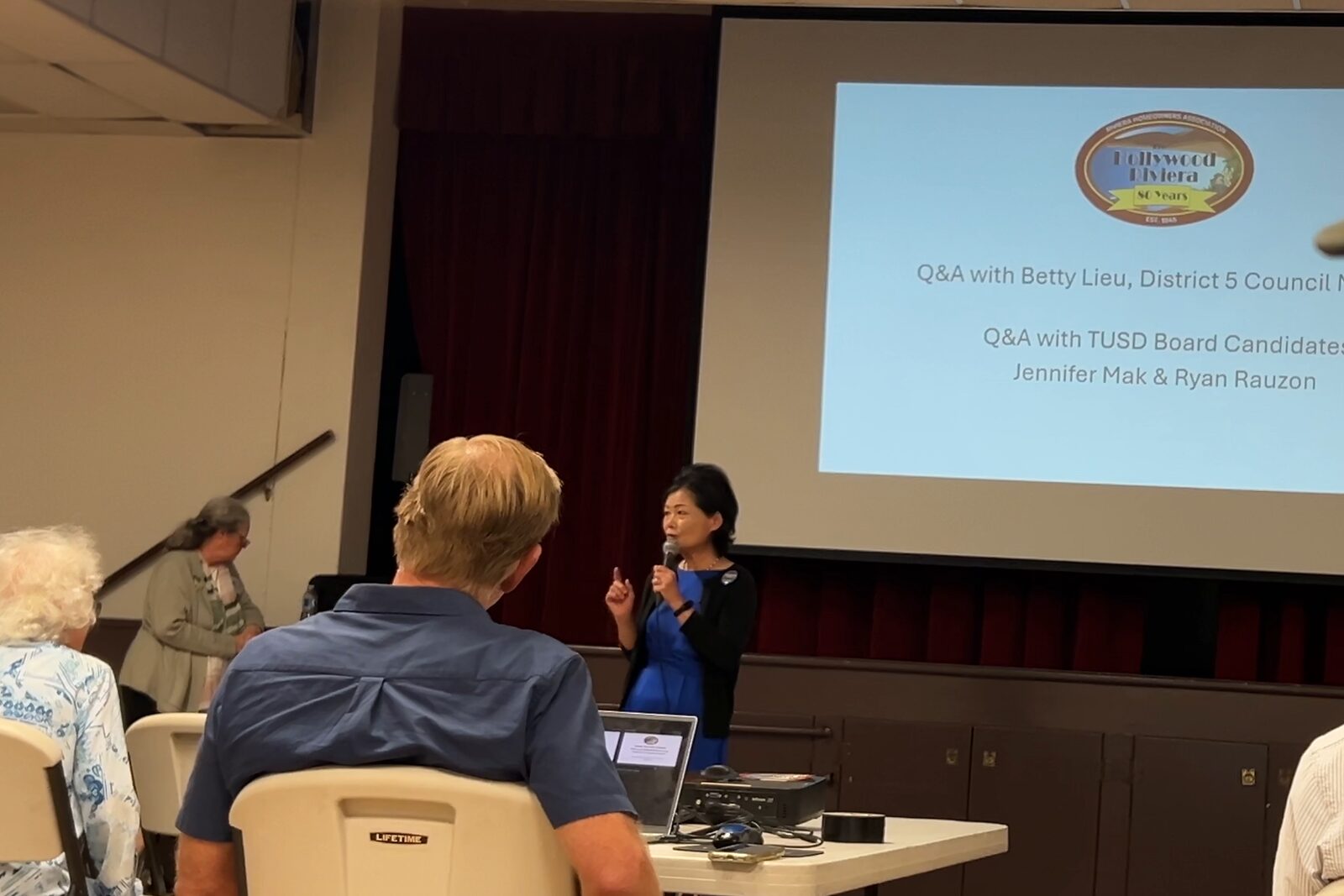 Jennifer Mak answering a question at the Hollywood Riviera Homeowners Association candidate forum