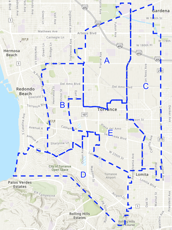 Map of the five Torrance Unified trustee areas, A through E. Area D covers the southern and south-western part of the district.